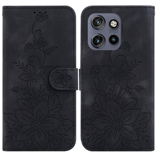 For Motorola Edge 50 Neo 5G / Moto S50 5G Case Lily Flower Imprint Leather Phone Cover with Stand - Black