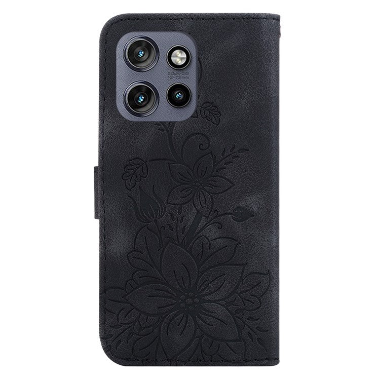 For Motorola Edge 50 Neo 5G / Moto S50 5G Case Lily Flower Imprint Leather Phone Cover with Stand - Black