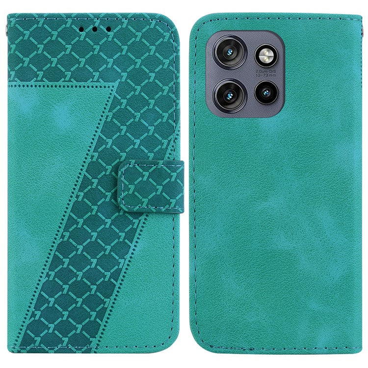 For Motorola Edge 50 Neo 5G / Moto S50 5G Stand Case 7-Shaped Pattern Imprint Leather Phone Cover - Green