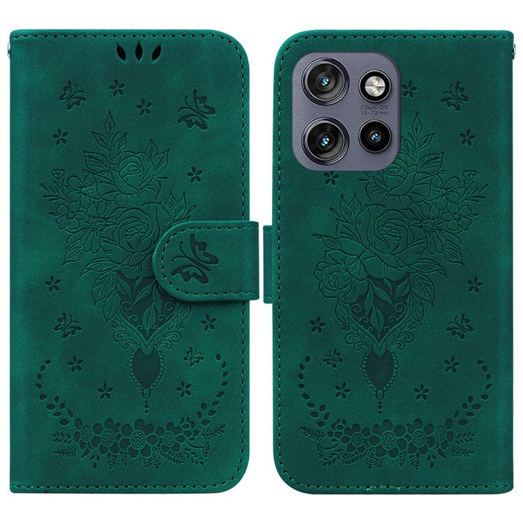 For Motorola Edge 50 Neo 5G / Moto S50 5G Case PU Leather Wallet Phone Cover Butterfly Flower Imprint - Green