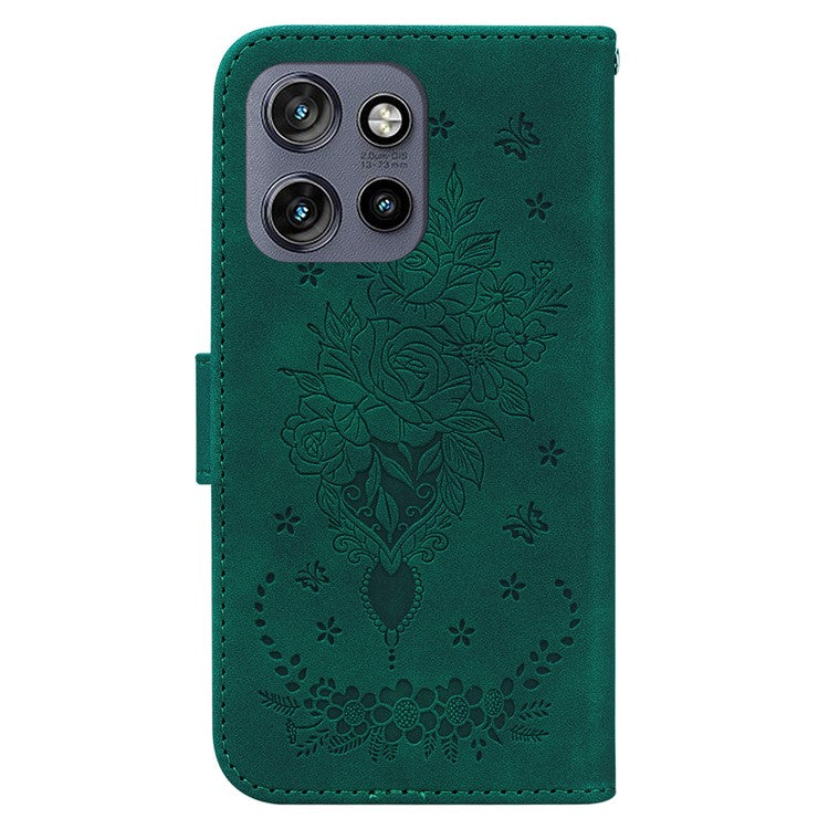 For Motorola Edge 50 Neo 5G / Moto S50 5G Case PU Leather Wallet Phone Cover Butterfly Flower Imprint - Green