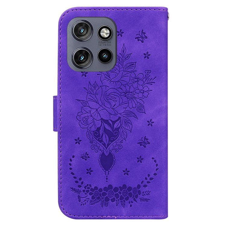 For Motorola Edge 50 Neo 5G / Moto S50 5G Case PU Leather Wallet Phone Cover Butterfly Flower Imprint - Purple