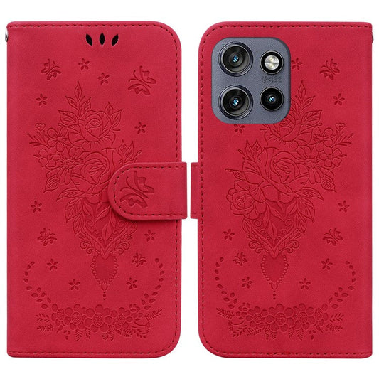 For Motorola Edge 50 Neo 5G / Moto S50 5G Case PU Leather Wallet Phone Cover Butterfly Flower Imprint - Red