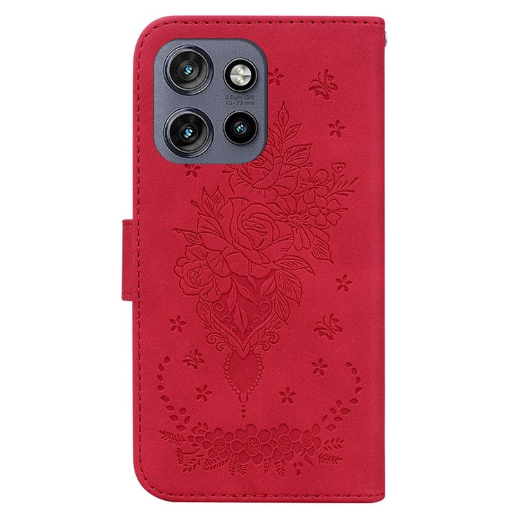 For Motorola Edge 50 Neo 5G / Moto S50 5G Case PU Leather Wallet Phone Cover Butterfly Flower Imprint - Red