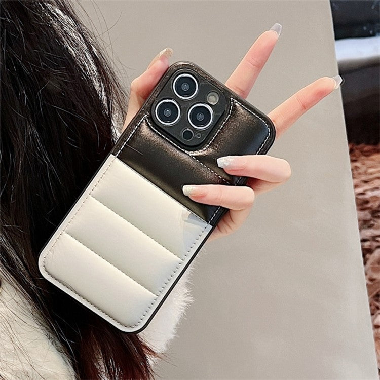 For iPhone 16 Pro Case Anti-Scratch Down Jacket PU Leather+TPU Phone Cover - Silver