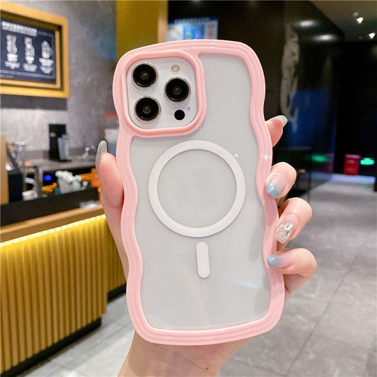 For iPhone 16 Pro Case Compatible with MagSafe PC + TPU Wavy Edge Protective Cover - Pink