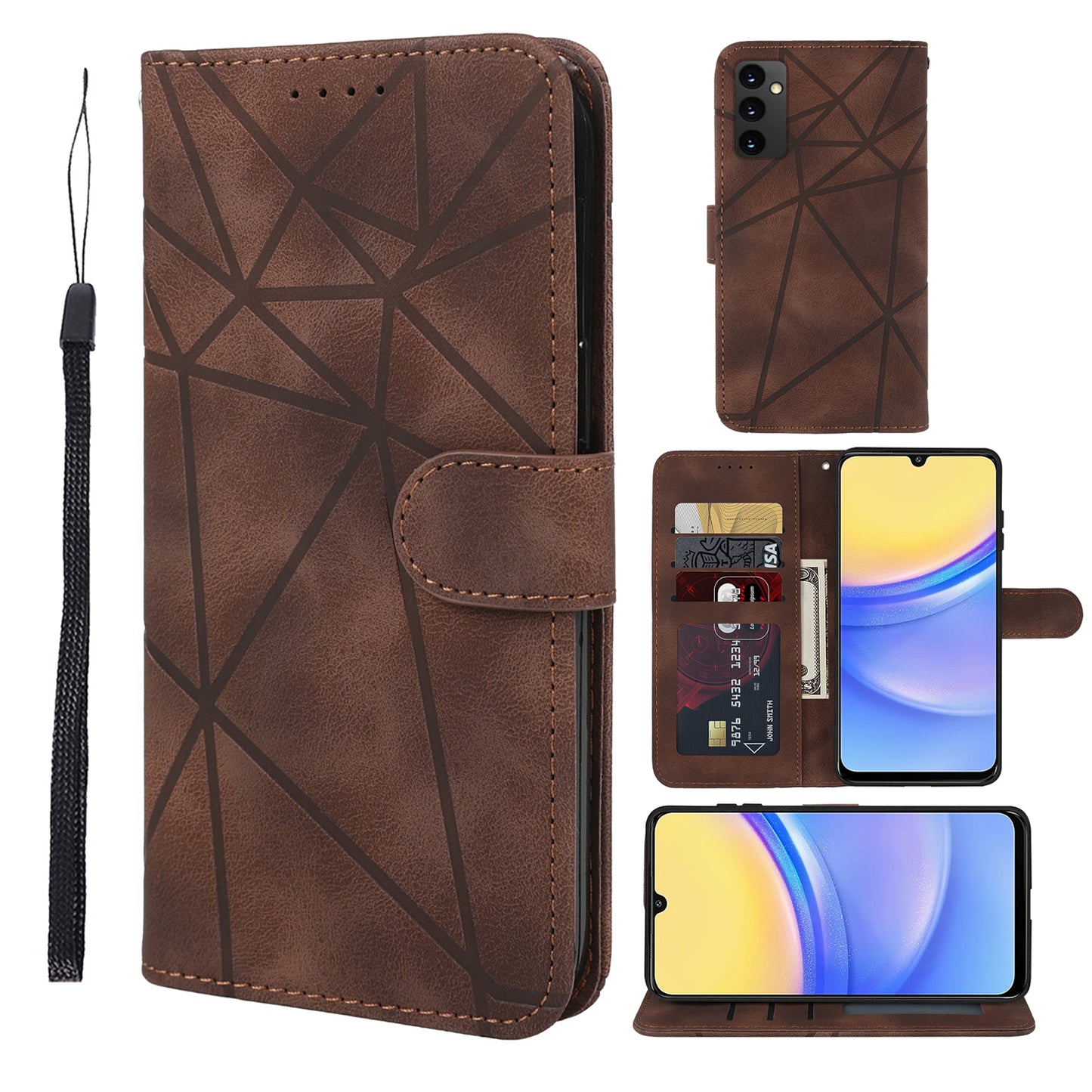 For Samsung Galaxy A16 5G / A16 4G Stand Case Line Pattern Leather Phone Cover - Brown