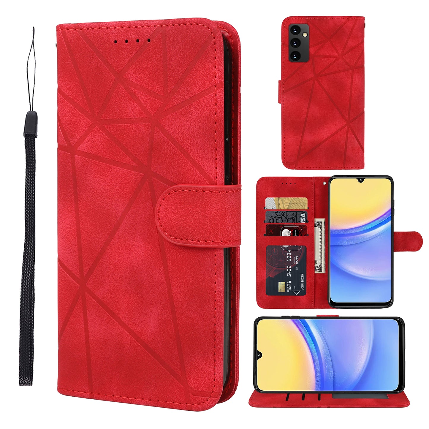 For Samsung Galaxy A16 5G / A16 4G Stand Case Line Pattern Leather Phone Cover - Red