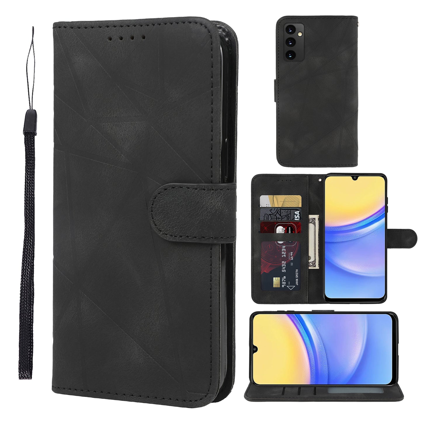 For Samsung Galaxy A16 5G / A16 4G Stand Case Line Pattern Leather Phone Cover - Black