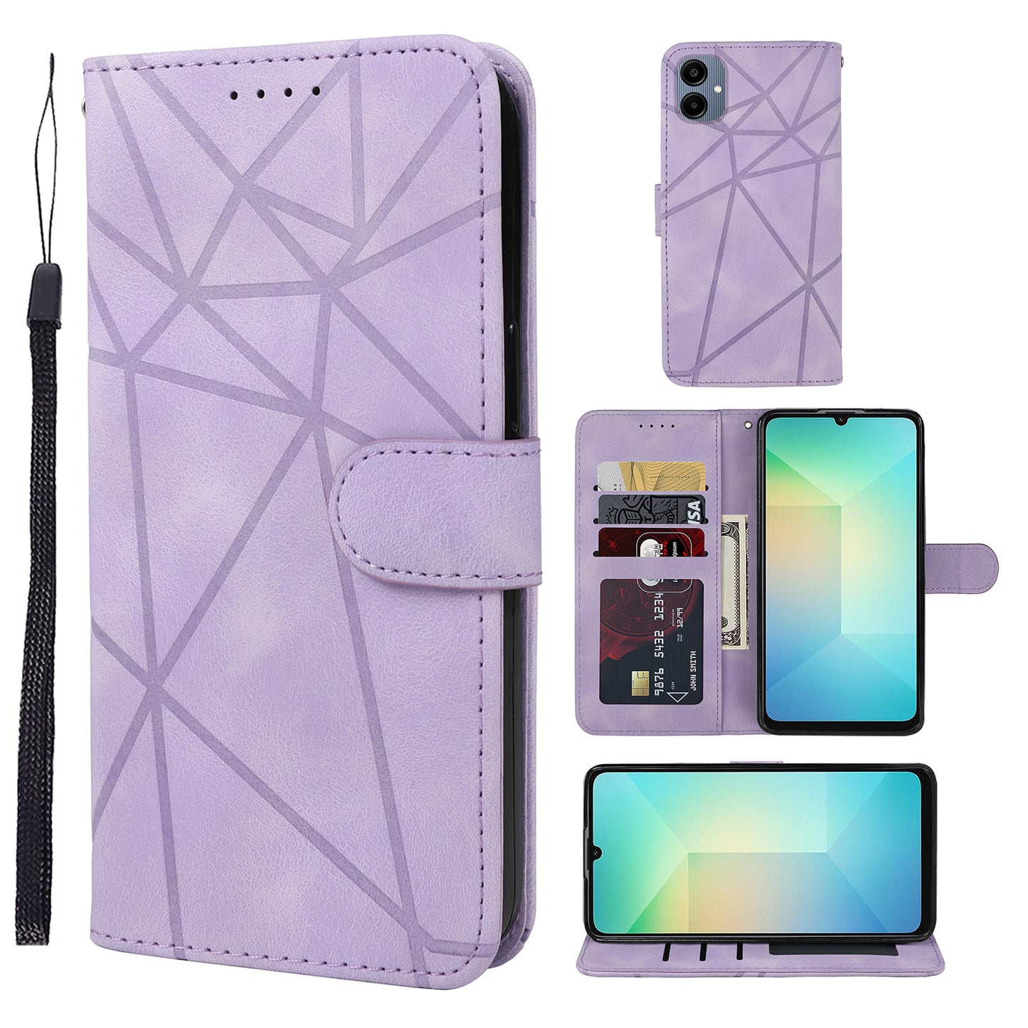 For Samsung Galaxy A06 Stand Case Line Pattern Leather Phone Cover - Purple