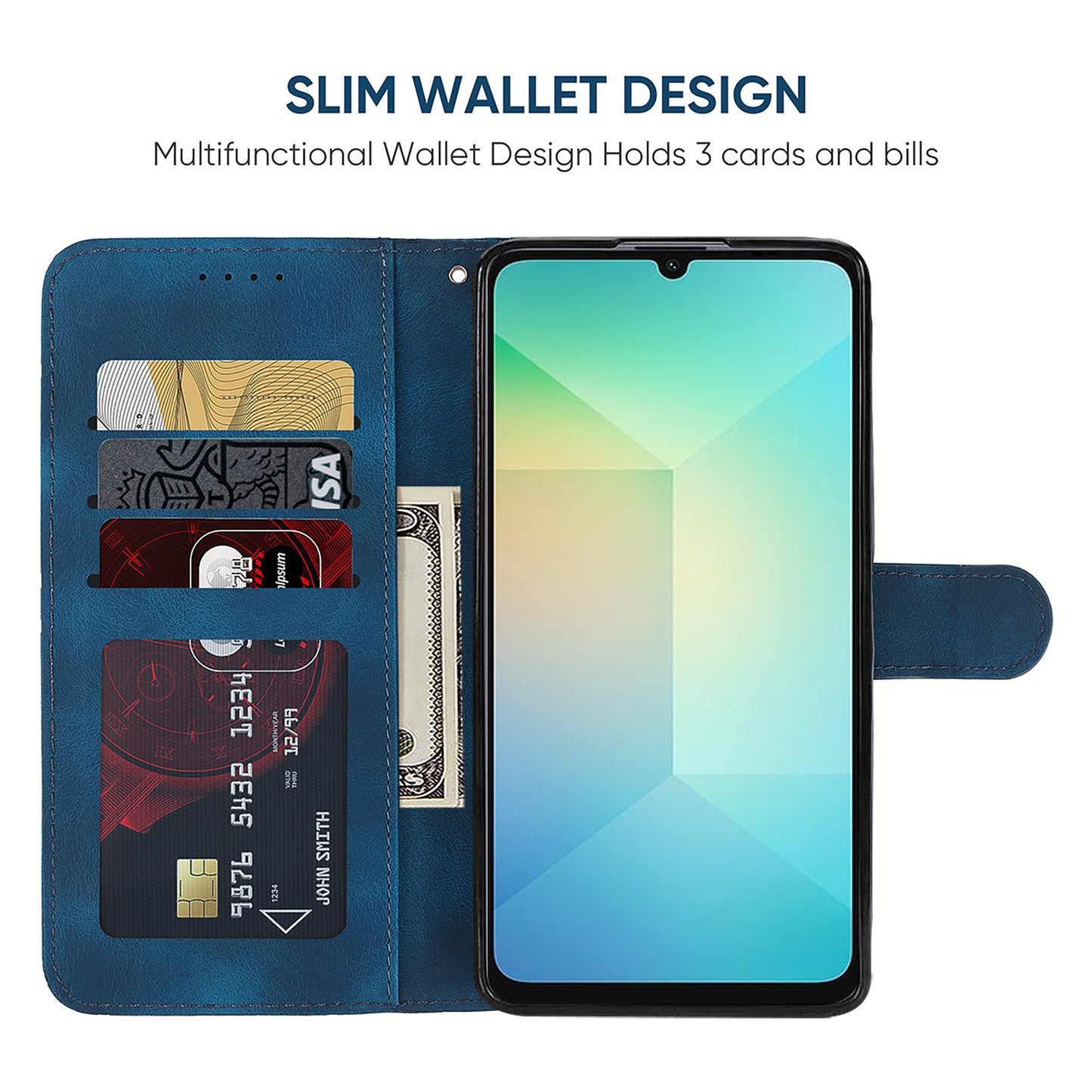 For Samsung Galaxy A06 Stand Case Line Pattern Leather Phone Cover - Blue