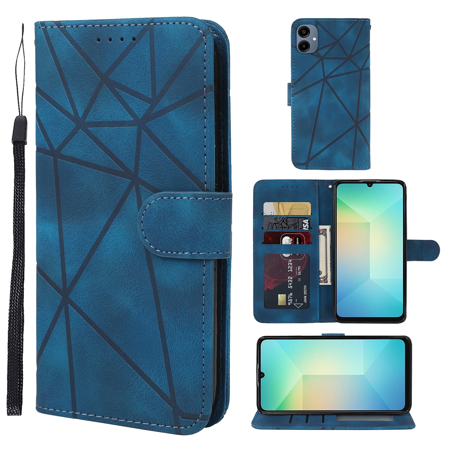 For Samsung Galaxy A06 Stand Case Line Pattern Leather Phone Cover - Blue