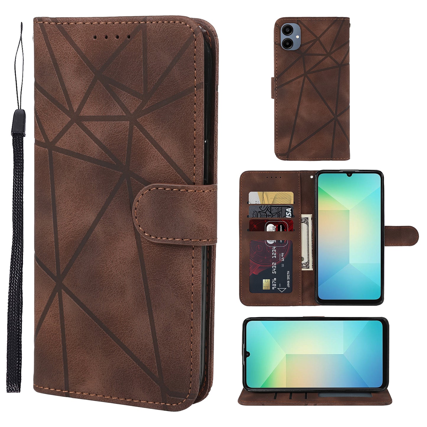 For Samsung Galaxy A06 Stand Case Line Pattern Leather Phone Cover - Brown