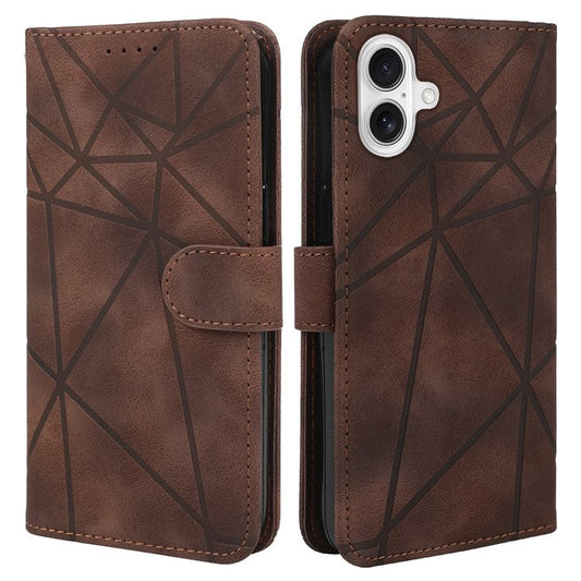 For iPhone 16 Plus Stand Case Line Pattern Leather Phone Cover - Brown