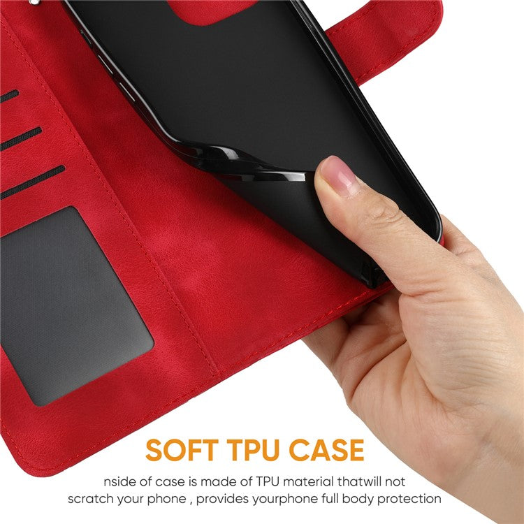 For iPhone 16 Stand Case Line Pattern Leather Phone Cover - Red