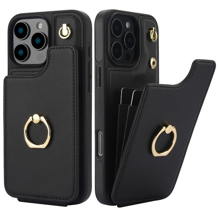 For iPhone 16 Pro Case Card Holder Kickstand PU+TPU Phone Cover with Shoulder Strap - Black