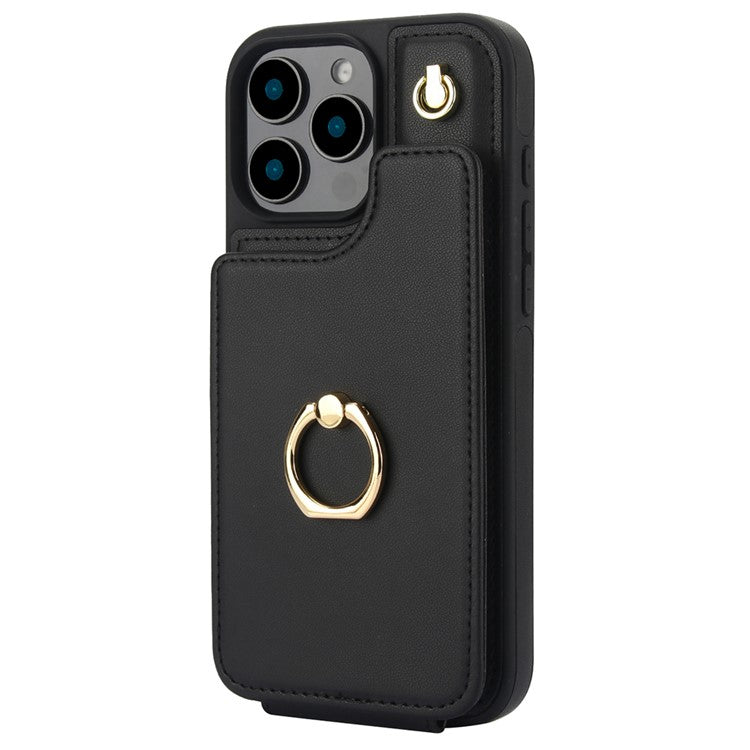 For iPhone 16 Pro Case Card Holder Kickstand PU+TPU Phone Cover with Shoulder Strap - Black