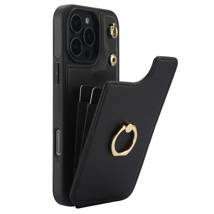 For iPhone 16 Pro Case Card Holder Kickstand PU+TPU Phone Cover with Shoulder Strap - Black