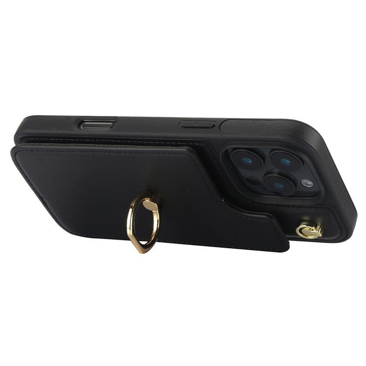 For iPhone 16 Pro Case Card Holder Kickstand PU+TPU Phone Cover with Shoulder Strap - Black