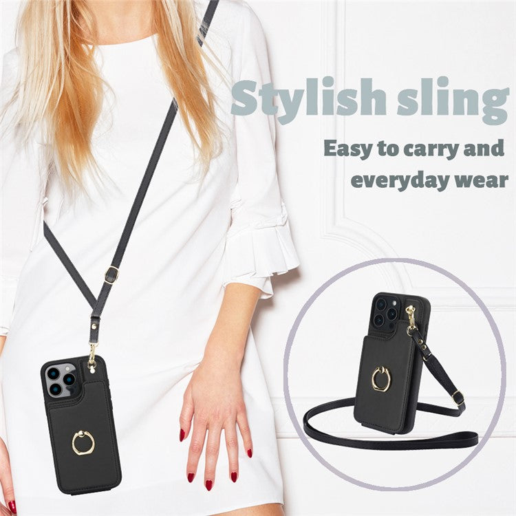 For iPhone 16 Pro Case Card Holder Kickstand PU+TPU Phone Cover with Shoulder Strap - Black
