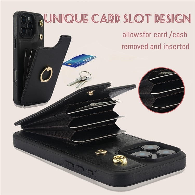 For iPhone 16 Pro Case Card Holder Kickstand PU+TPU Phone Cover with Shoulder Strap - Black