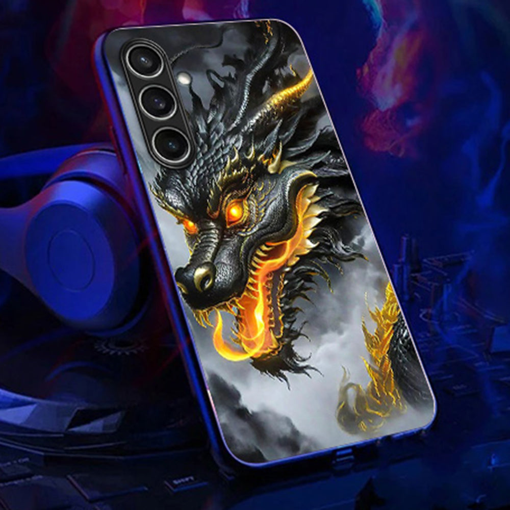 For Samsung Galaxy A16 5G / A16 4G Case Call Flash Series Pattern Printing Tempered Glass + TPU Combo Phone Case - Black Dragon