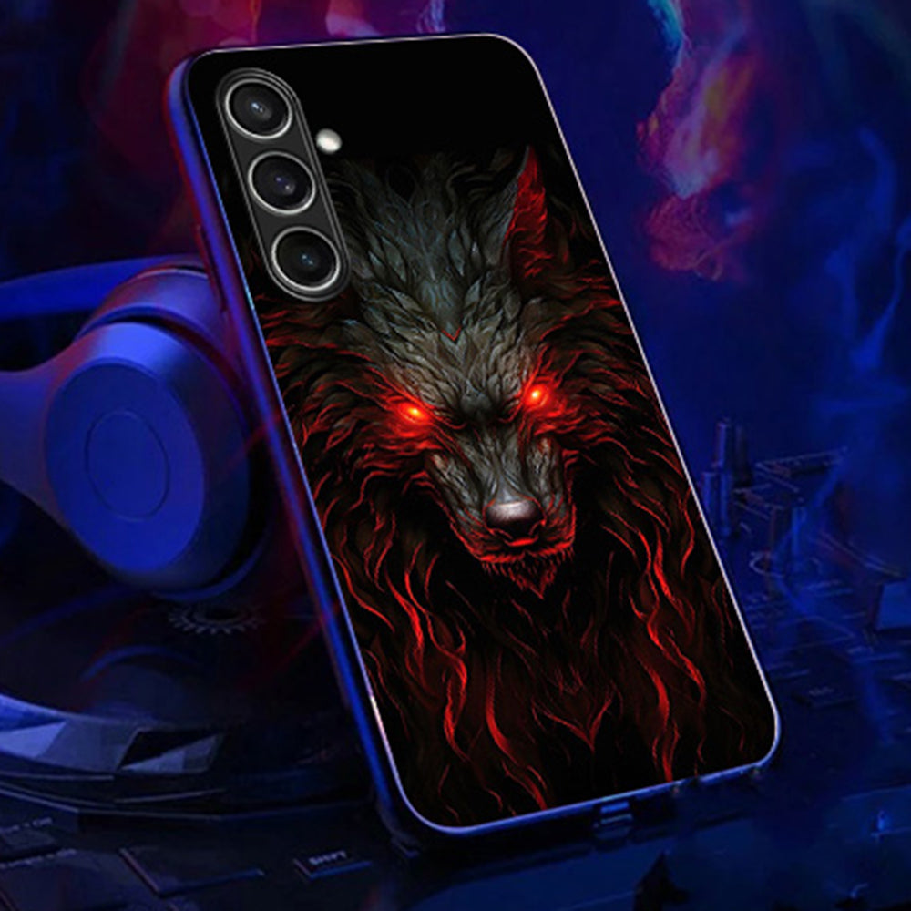 For Samsung Galaxy A16 5G / A16 4G Case Call Flash Series Pattern Printing Tempered Glass + TPU Combo Phone Case - Red Eyed Wolf
