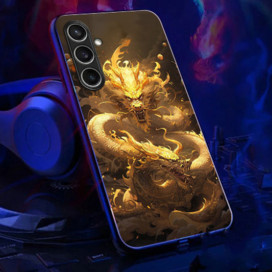 For Samsung Galaxy A16 5G / A16 4G Case Call Flash Series Pattern Printing Tempered Glass + TPU Combo Phone Case - Golden Dragon