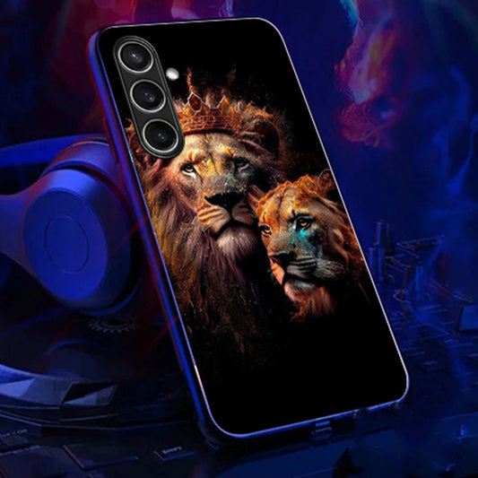 For Samsung Galaxy A16 5G / A16 4G Case Call Flash Series Pattern Printing Tempered Glass + TPU Combo Phone Case - Golden Lion