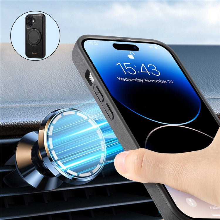 DENIOR For iPhone 16 Plus Case Rotating Magnetic Kickstand Genuine Cow Leather Phone Back Cover - Black