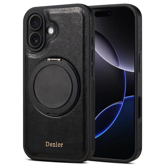 DENIOR For iPhone 16 Case Rotating Magnetic Kickstand Genuine Cow Leather Phone Back Cover - Black