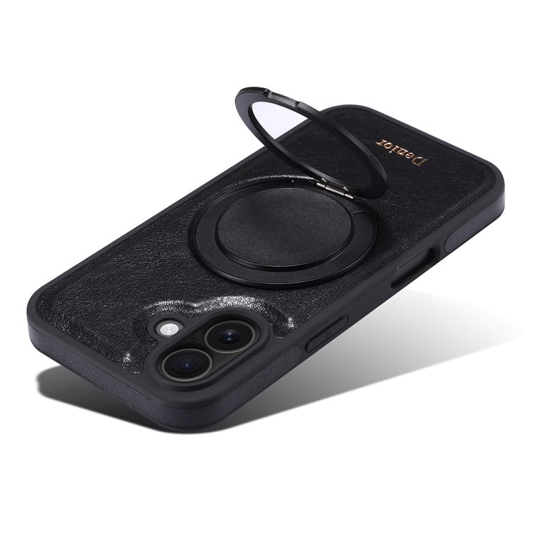 DENIOR For iPhone 16 Case Rotating Magnetic Kickstand Genuine Cow Leather Phone Back Cover - Black