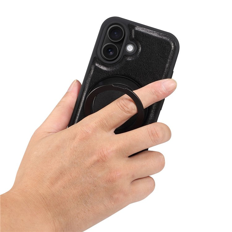 DENIOR For iPhone 16 Case Rotating Magnetic Kickstand Genuine Cow Leather Phone Back Cover - Black