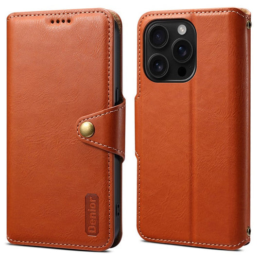 DENIOR For iPhone 16 Pro Case Wallet Cowhide Texture Leather Phone Cover - Brown