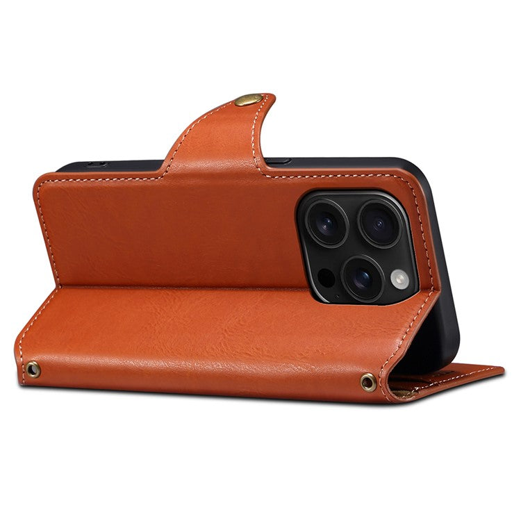 DENIOR For iPhone 16 Pro Case Wallet Cowhide Texture Leather Phone Cover - Brown