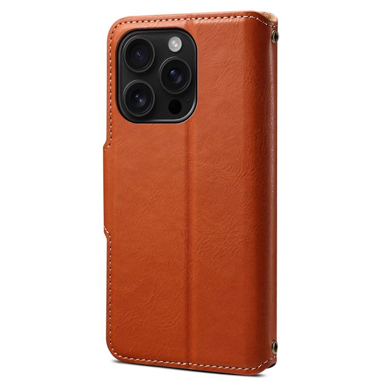 DENIOR For iPhone 16 Pro Case Wallet Cowhide Texture Leather Phone Cover - Brown