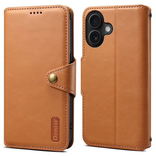 DENIOR For iPhone 16 Plus Case Wallet Cowhide Texture Leather Phone Cover - Khaki