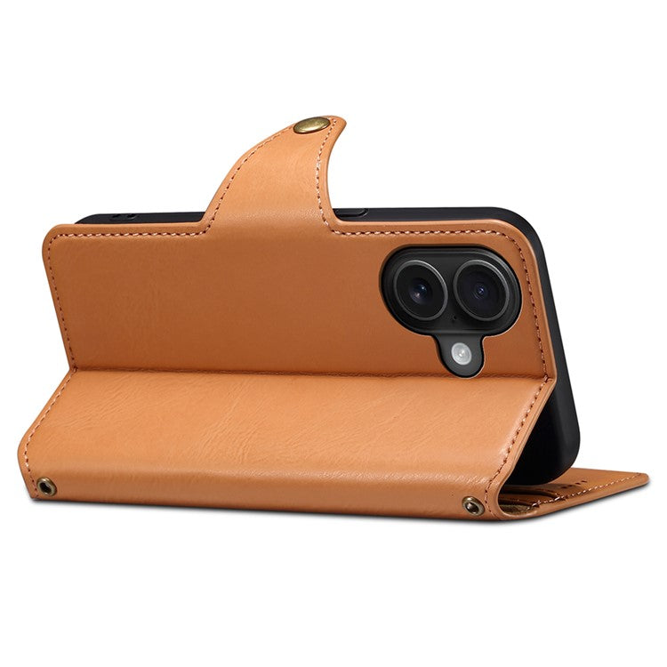 DENIOR For iPhone 16 Plus Case Wallet Cowhide Texture Leather Phone Cover - Khaki