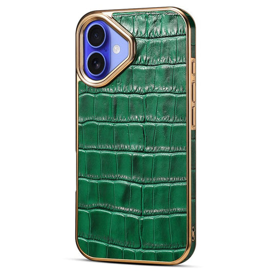 For iPhone 16 Plus Case Genuine Cow Leather Crocodile Texture Electroplating Phone Cover - Green