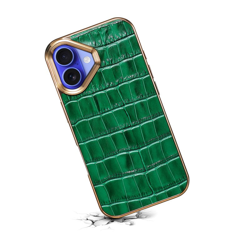 For iPhone 16 Plus Case Genuine Cow Leather Crocodile Texture Electroplating Phone Cover - Green