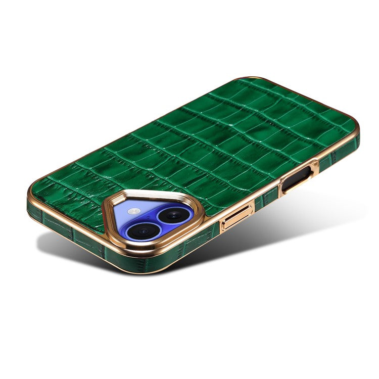For iPhone 16 Plus Case Genuine Cow Leather Crocodile Texture Electroplating Phone Cover - Green