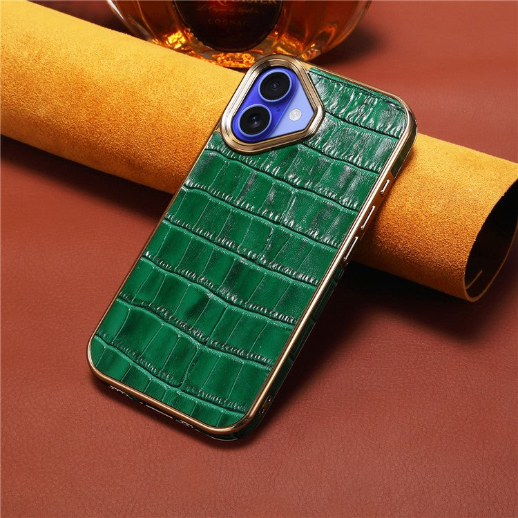For iPhone 16 Plus Case Genuine Cow Leather Crocodile Texture Electroplating Phone Cover - Green