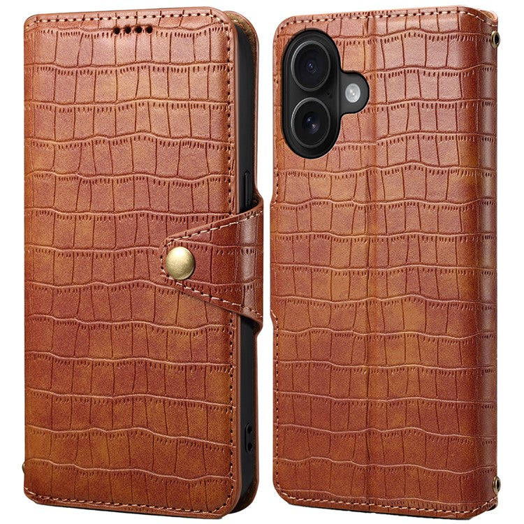 For iPhone 16 Plus Case Wallet Crocodile Texture Leather Phone Cover - Brown