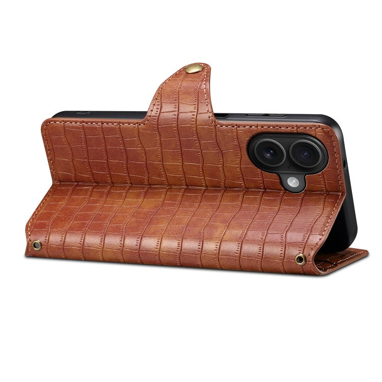 For iPhone 16 Plus Case Wallet Crocodile Texture Leather Phone Cover - Brown