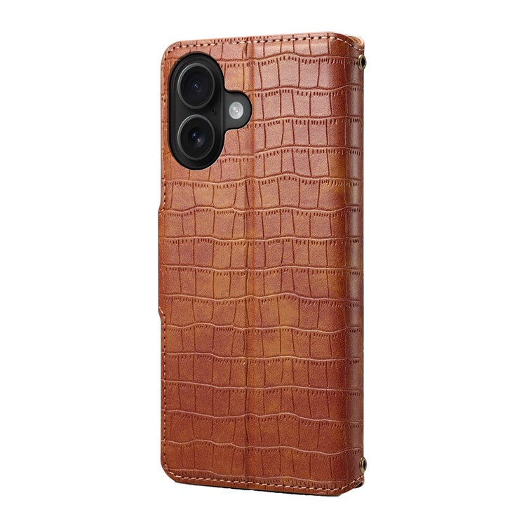 For iPhone 16 Plus Case Wallet Crocodile Texture Leather Phone Cover - Brown