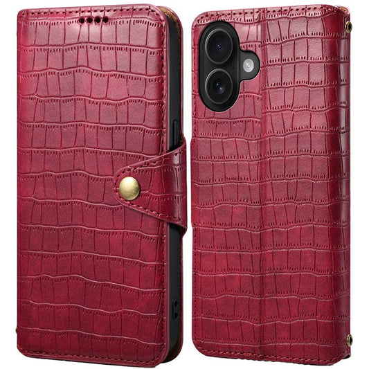 For iPhone 16 Plus Case Wallet Crocodile Texture Leather Phone Cover - Red