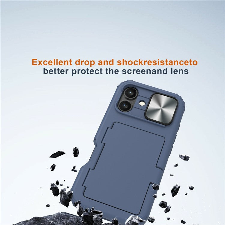 For iPhone 16 Case Card Holder Mirror PC+TPU Phone Shell with Lens Cover - Navy Blue