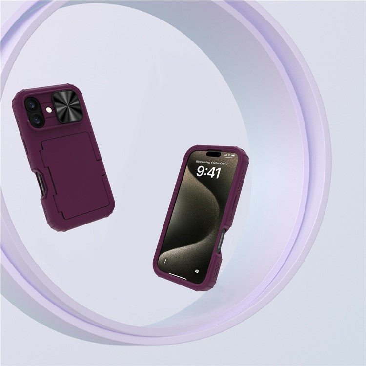 For iPhone 16 Case Card Holder Mirror PC+TPU Phone Shell with Lens Cover - Dark Purple