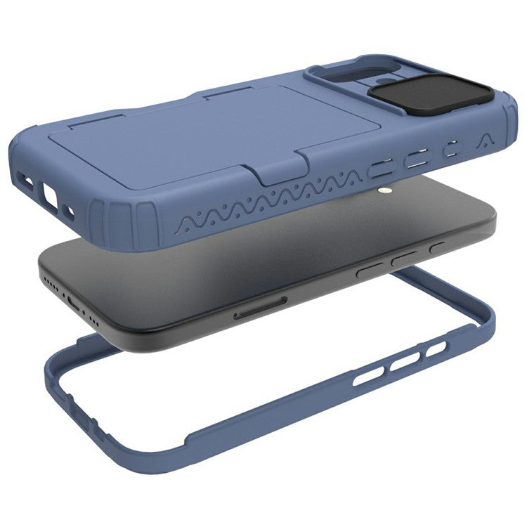 For iPhone 16 Plus Case Card Holder Mirror PC+TPU Phone Shell with Lens Cover - Navy Blue