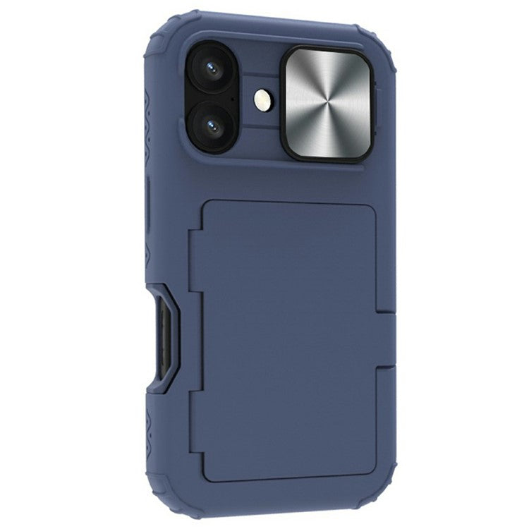 For iPhone 16 Plus Case Card Holder Mirror PC+TPU Phone Shell with Lens Cover - Navy Blue